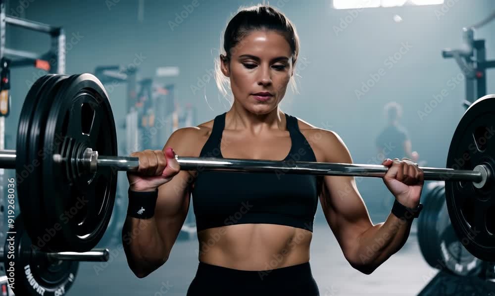 Medium shot video of a focused woman lifting weights in a modern gym setting Medium shot video of a focused woman lifting weights in a modern gym setting