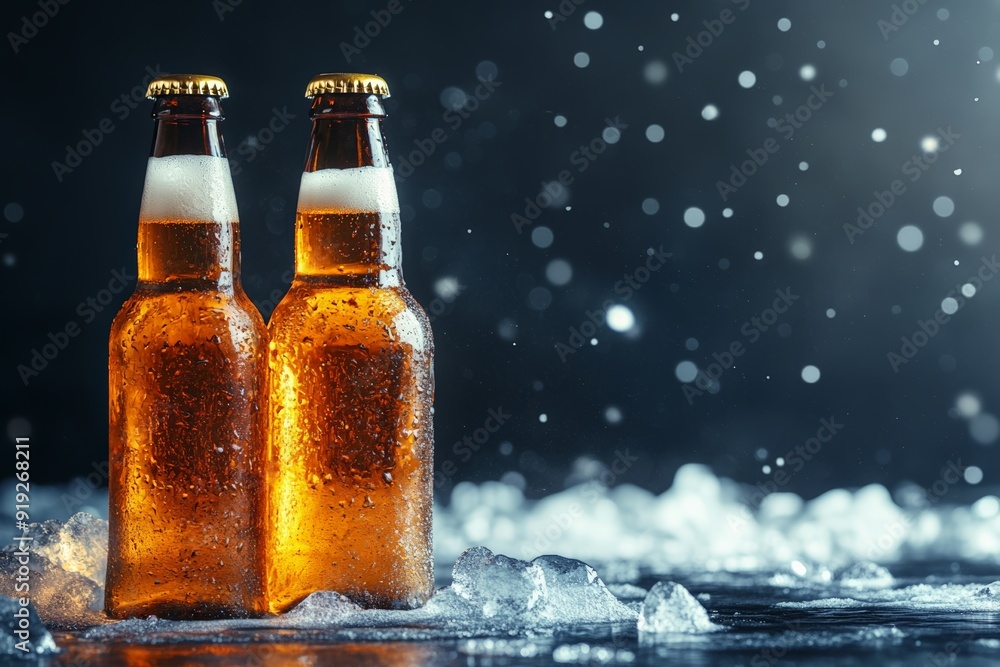 Three bottles of cold beer on a wooden table with ice cubes, ready to be enjoyed. Three bottles of cold beer on a wooden table with ice cubes, ready to be enjoyed.