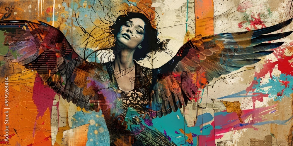 Fototapeta premium Abstract art, angel wings, woman, colorful.