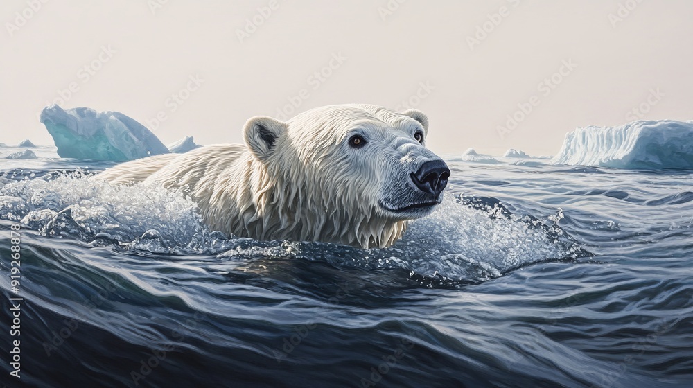 Obraz premium Hyperrealistic Polar Bear Swimming Through Icy Waters