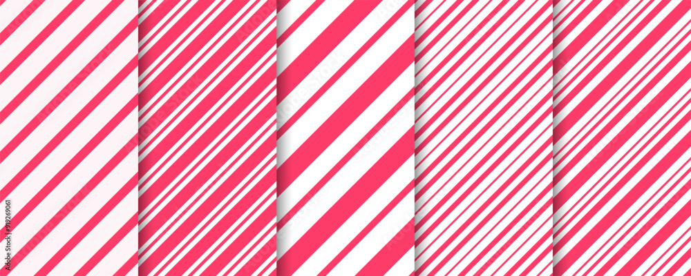Candy cane striped diagonal seamless pattern. Christmas red and white lines backgrounds set. Candy cane striped diagonal seamless pattern. Christmas red and white lines backgrounds set.