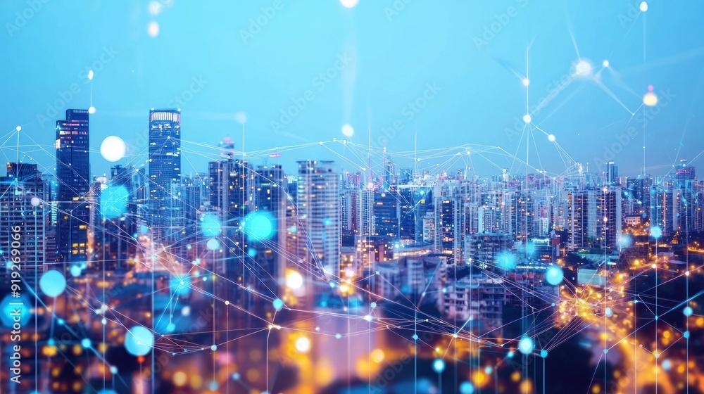 A Network of Connections Over a Cityscape at Night A Network of Connections Over a Cityscape at Night