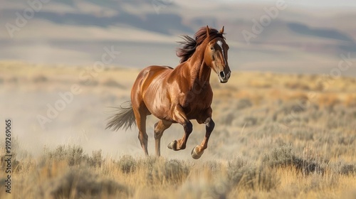 A brown horse galloping in a field of grass and dry brush,