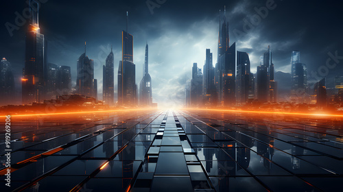 A futuristic skyscraper is featured in an abstract architectural background.