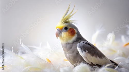 A bright and curious cockatiel perches on a sleek white background, its vibrant grey and white feathers glistening in the soft, even light.