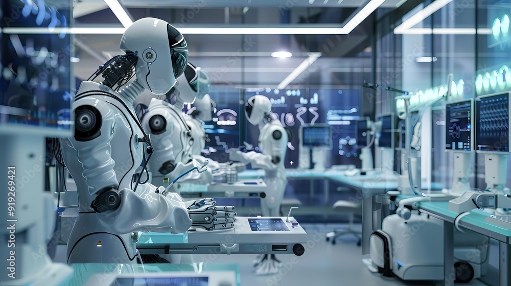 3d rendering robot working with tablet in factory. AI generated illustration 3d rendering robot working with tablet in factory. AI generated illustration