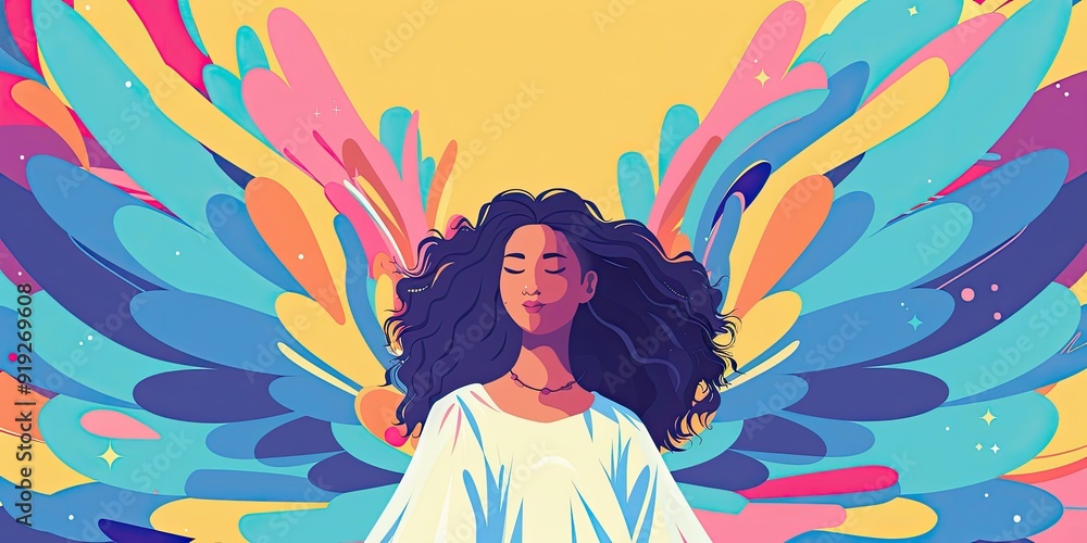 Woman with closed eyes surrounded by wings. Woman with closed eyes surrounded by wings.