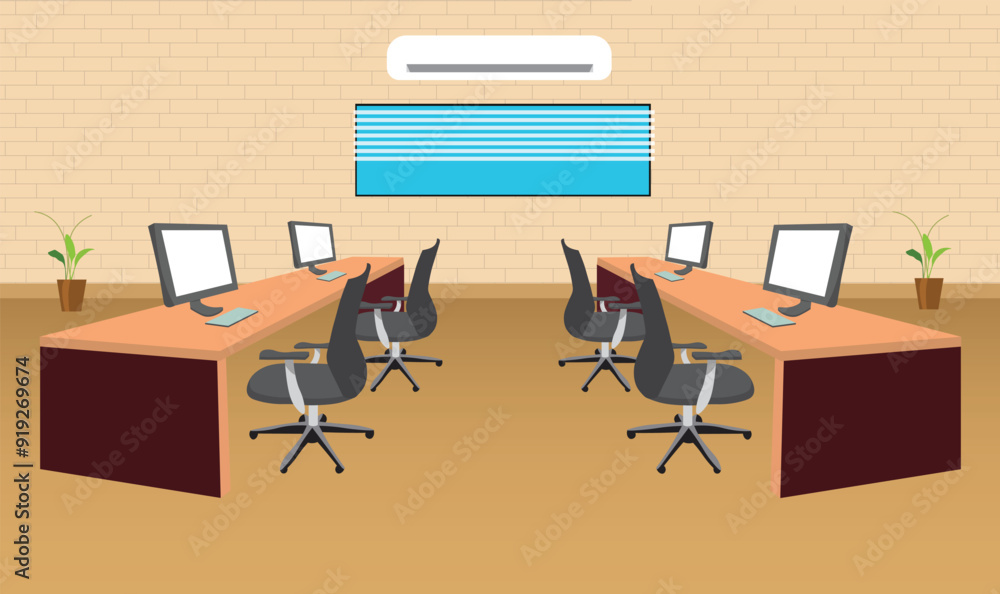 Office environment vector illustration in flat style. Modern Office Workspace, Corporate Interiors, Furniture, chair, desk, computer, bookcase, clock on the wall and window. Office environment vector illustration in flat style. Modern Office Workspace, Corporate Interiors, Furniture, chair, desk, computer, bookcase, clock on the wall and window.