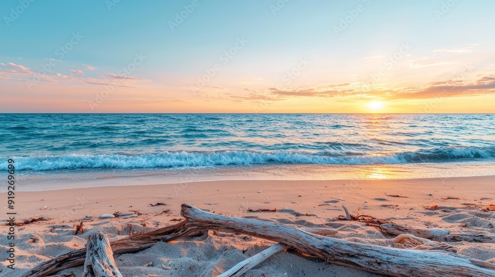 A tranquil beach scene with driftwood scattered on the sand, gentle waves rolling in, and a soft pastel sky as the sun sets