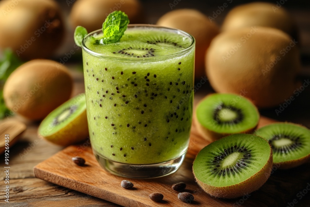 Fresh kiwi smoothie in a glass with a slice of kiwi garnish, surrounded by whole and sliced kiwis. Fresh kiwi smoothie in a glass with a slice of kiwi garnish, surrounded by whole and sliced kiwis.