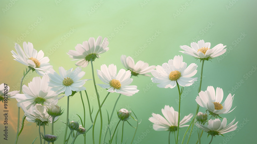 Fototapeta premium Spring daisies - White flowers on a green background. Banner illustration on a light background. AI Generation.