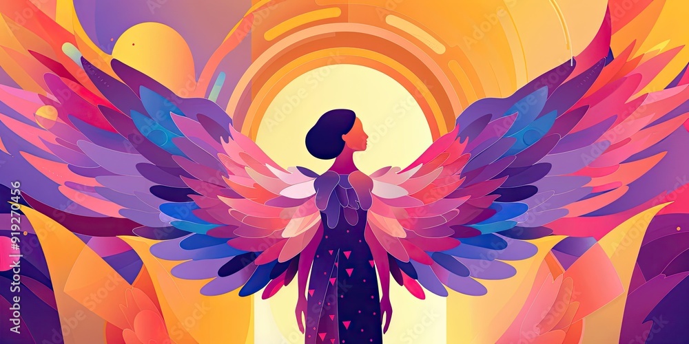 Obraz premium Woman with wings stands in bright colors.