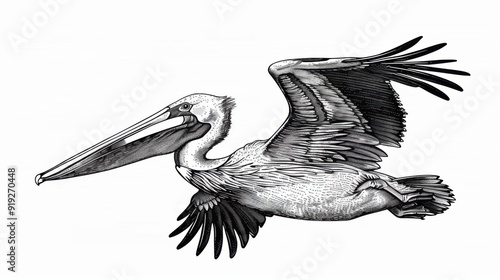 Black and white Vintage engraved art of a pelican in flight, isolated on white background, ink sketch illustration, simple vector art design, highly detailed line art, high contrasty