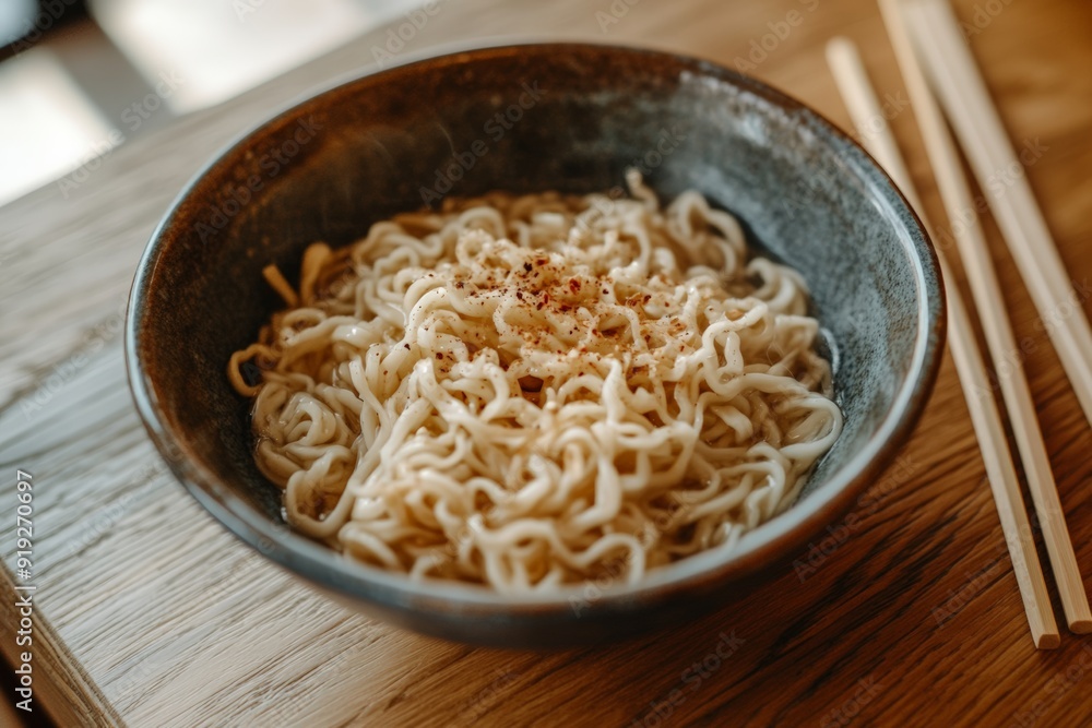 Bowl of ramen topped with green onions, chili, and sesame seeds, ready to eat with chopsticks on the side. Bowl of ramen topped with green onions, chili, and sesame seeds, ready to eat with chopsticks on the side.