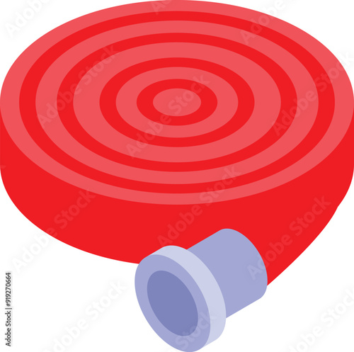 Red fire hose isometric icon illustrating firefighting equipment for putting out fire