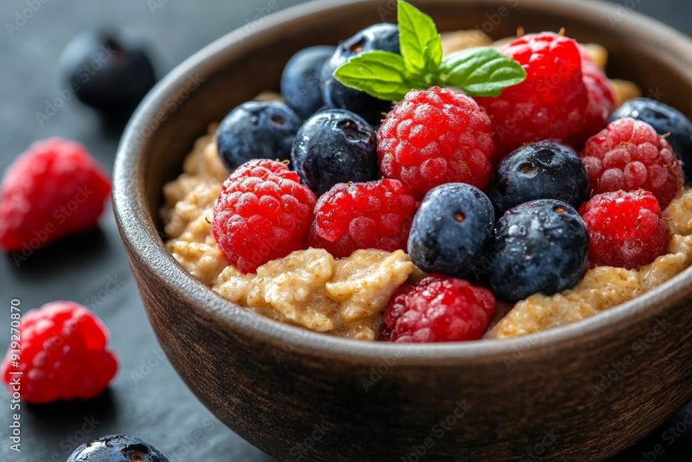 A bowl of oatmeal topped with fresh berries and mint leaves, offering a healthy and colorful breakfast option. A bowl of oatmeal topped with fresh berries and mint leaves, offering a healthy and colorful breakfast option.