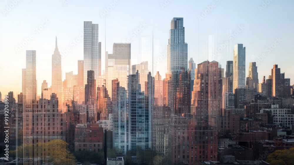 Fototapeta premium Cityscape with Double Exposure of Buildings
