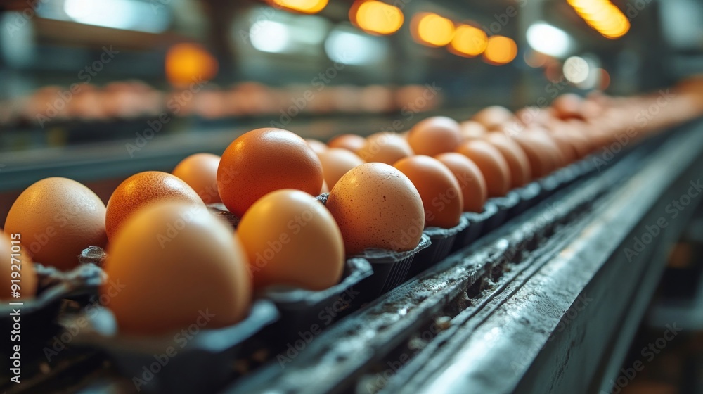 A conveyor belt with eggs in cartons A conveyor belt with eggs in cartons