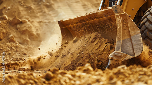 Close-up of sand in a bulldozer bucket, working environment.