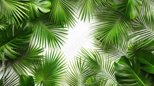 palm leaf mosaic creating lush green tropical pattern on white background