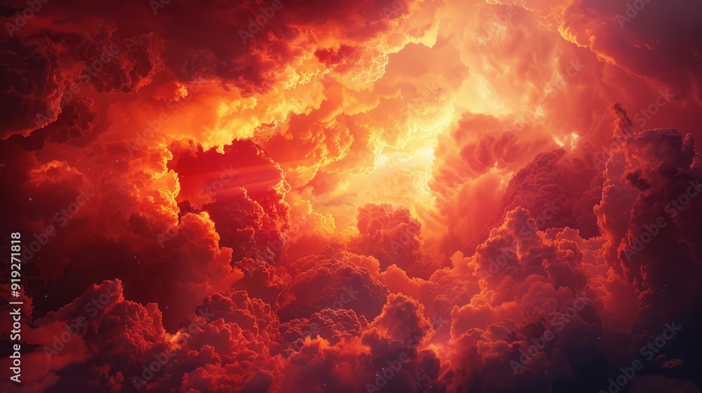 Dramatic orange clouds swirl in the twilight sky over a tranquil landscape at sunset Dramatic orange clouds swirl in the twilight sky over a tranquil landscape at sunset