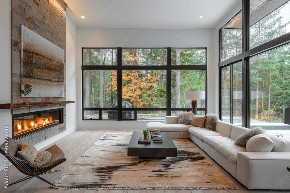 Fototapeta premium Cozy living room with large windows showcasing forest scenery, white walls, grey brick fireplace, modern sofa set, neutral rug, and bright lighting, capturing a serene home decor.