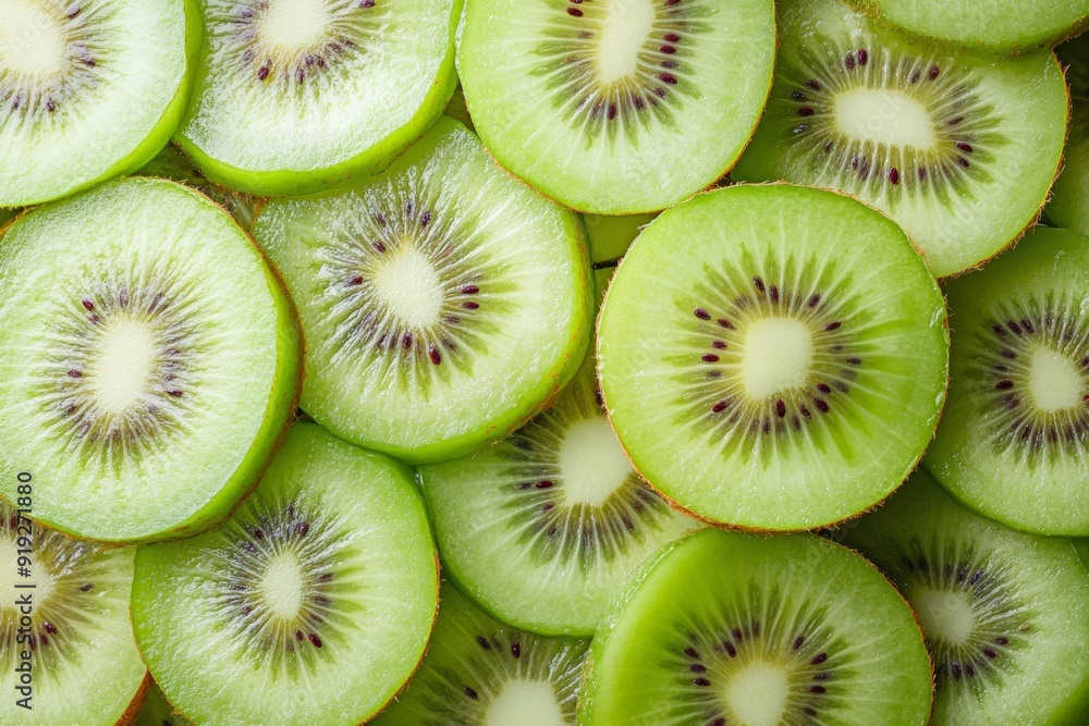 A vibrant and close-up arrangement of sliced kiwi fruits, highlighting their fresh and juicy texture. A vibrant and close-up arrangement of sliced kiwi fruits, highlighting their fresh and juicy texture.