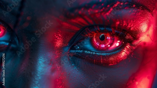 A close-up of a person's eye illuminated with vibrant red and blue lights at night