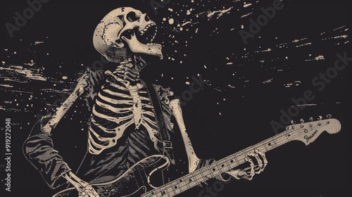 Skeleton playing electric guitar in a dynamic rock performance at night