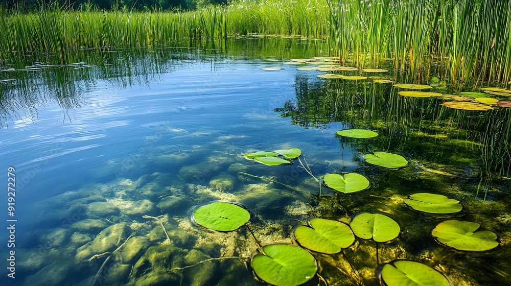 Pristine wetland with clear water and abundant plant life, symbolizing purity of nature Pristine wetland with clear water and abundant plant life, symbolizing purity of nature