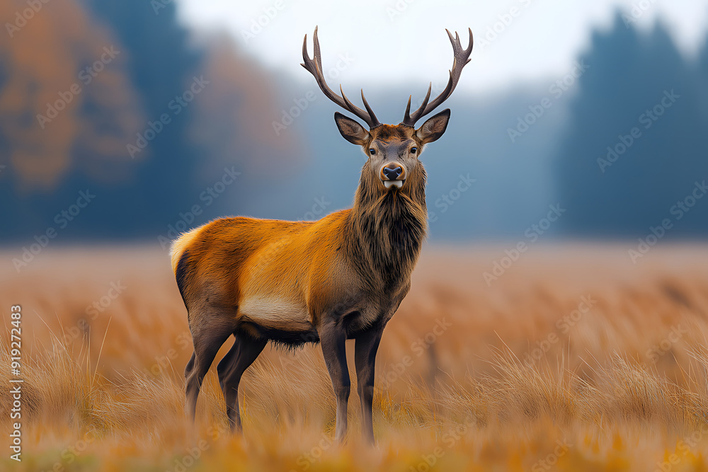 Fototapeta premium Majestic Red Deer Stag in a Field
