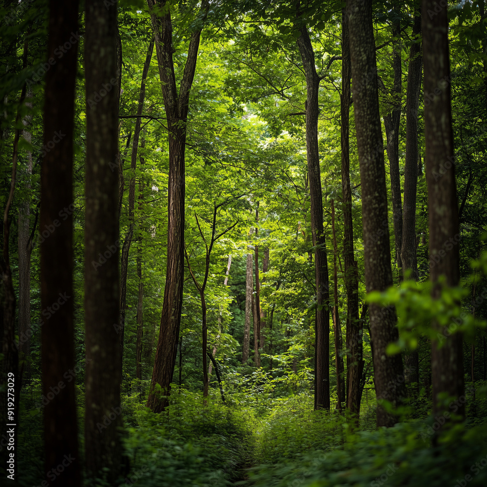 Fototapeta premium shaded lush green forest woodlands
