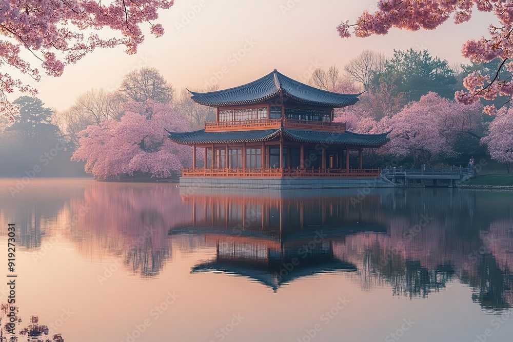 Obraz premium serene lakeside pavilion at golden hour traditional asian architecture reflected in still water surrounded by blooming cherry trees