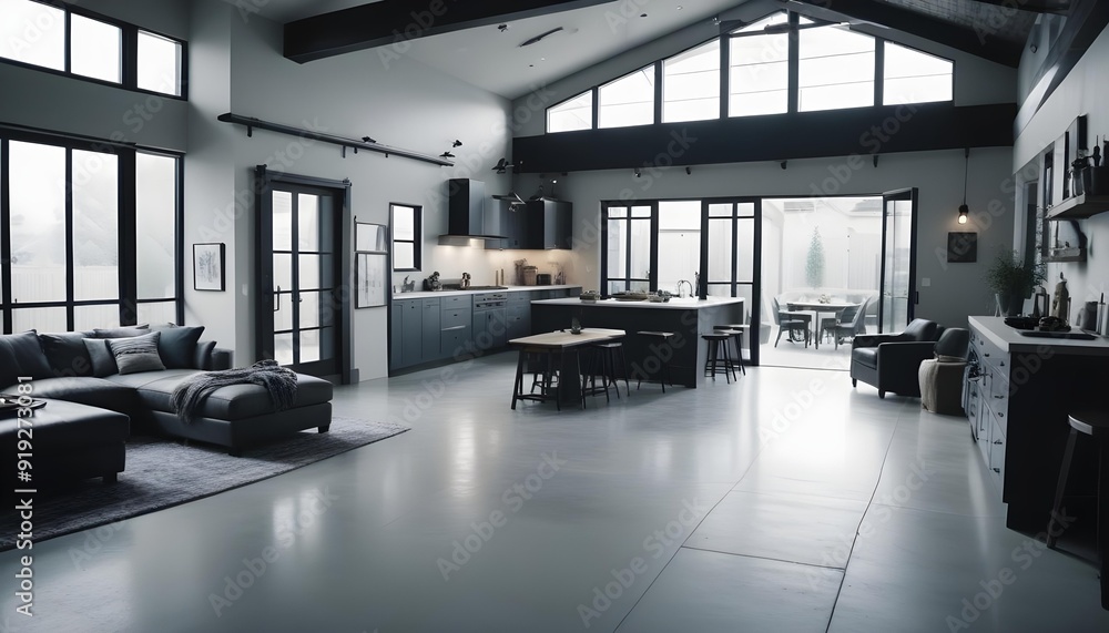 Lowering shot of a unique modern rustic industrial living space featuring high ceilings, with a large patio garage door partially closing, revealing a mix of wooden and metal elements in the decor, an Lowering shot of a unique modern rustic industrial living space featuring high ceilings, with a large patio garage door partially closing, revealing a mix of wooden and metal elements in the decor, an