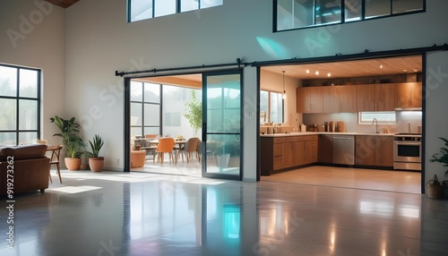 Lowering shot of a unique modern rustic industrial living space featuring high ceilings, with a large patio garage door partially closing, revealing a mix of wooden and metal elements in the decor, an