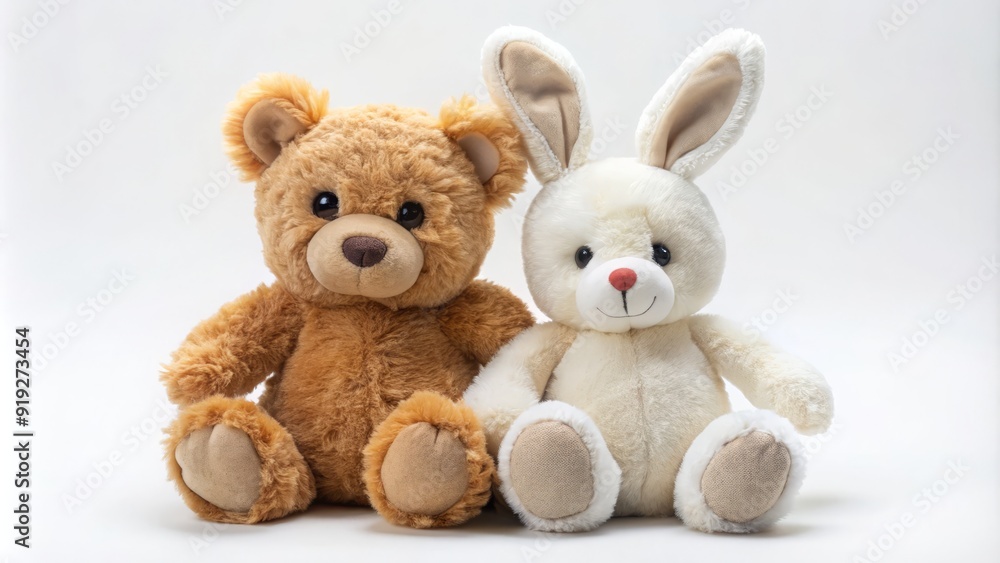 Adorable plush bear and rabbit dolls sit together on a soft, white background, showcasing friendship and companionship in a heartwarming, whimsical scene. Adorable plush bear and rabbit dolls sit together on a soft, white background, showcasing friendship and companionship in a heartwarming, whimsical scene.