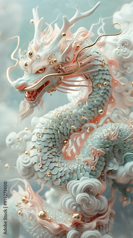 Chinese dragon on clouds with gold ornament and jewels poster background Chinese dragon on clouds with gold ornament and jewels poster background