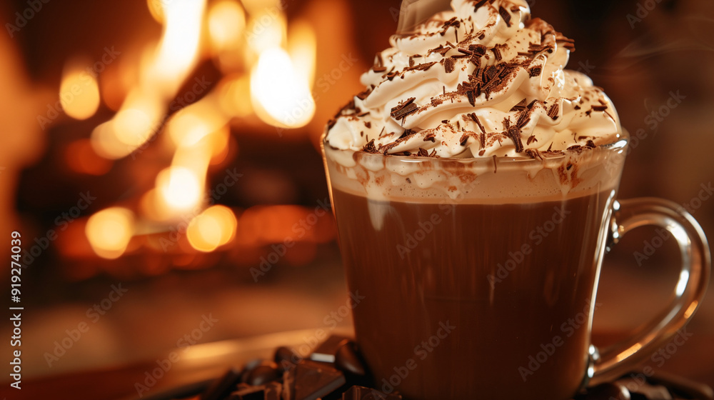 a decadent mocha coffee, topped with whipped cream and chocolate shavings, served in a glass mug, with a cozy fireplace setting in the background a decadent mocha coffee, topped with whipped cream and chocolate shavings, served in a glass mug, with a cozy fireplace setting in the background