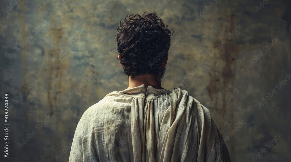 A contemplative figure in a simple robe stands against a textured wall, captured in soft light