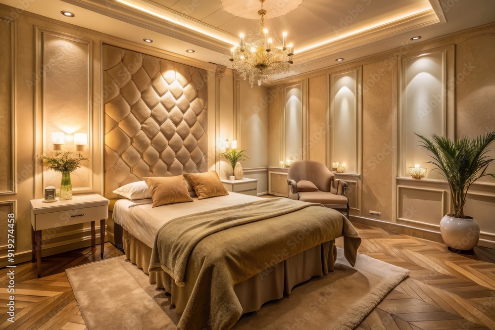 Luxurious private room in an aesthetic salon features a comfortable bed with plush pillows and blankets, surrounded by calming beige walls and soft lighting. Luxurious private room in an aesthetic salon features a comfortable bed with plush pillows and blankets, surrounded by calming beige walls and soft lighting.