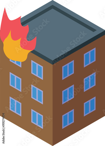 Burning apartment building with flames coming out of roof isometric view