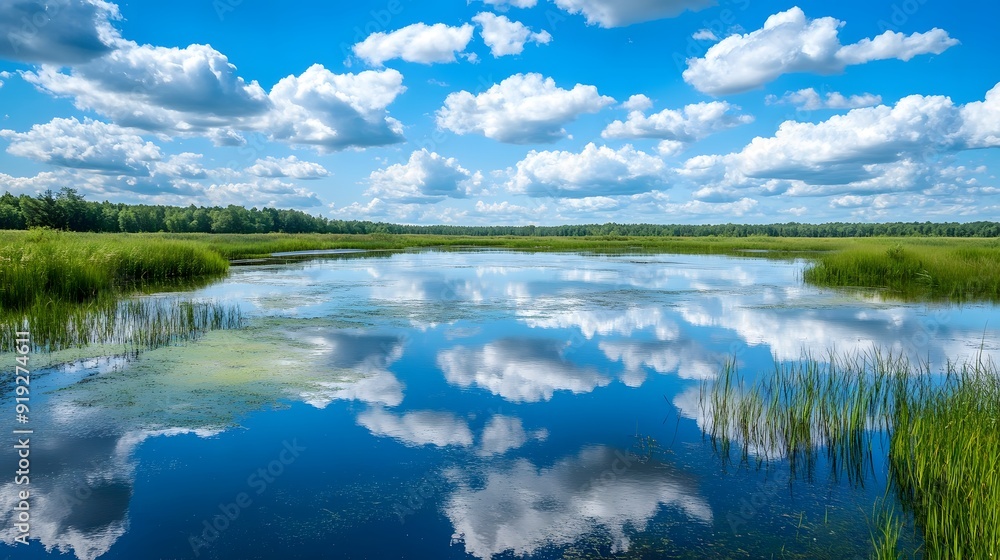 Serene wetland with glass-like water, reflection of blue sky and white clouds, tranquility Serene wetland with glass-like water, reflection of blue sky and white clouds, tranquility