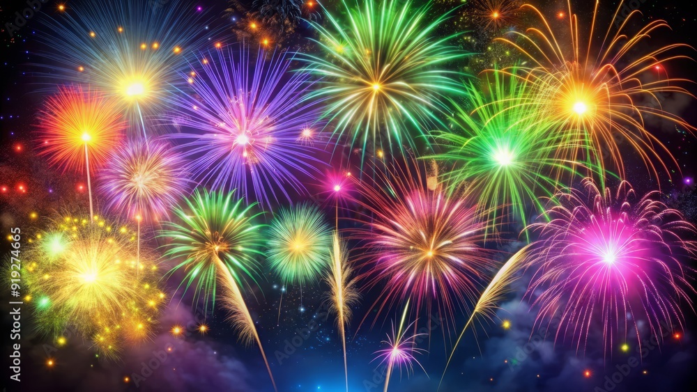 Naklejka premium Vibrant colorful fireworks explode in the dark night sky, filling the atmosphere with radiant bursts of pink, green, blue, and yellow sparkling lights.