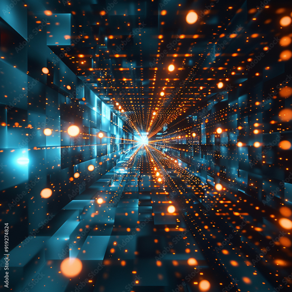 futuristic network of Digital and business transformation connected by squares to a shown from tunnel view with side-lighting futuristic network of Digital and business transformation connected by squares to a shown from tunnel view with side-lighting