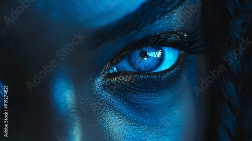 Close-up of a person's striking blue eye illuminated in dramatic blue light