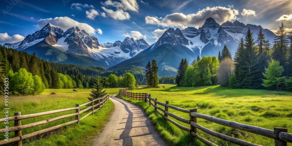 Serene winding path cuts through lush green meadow alongside rustic wooden fence, leading to majestic snow-capped mountain range under clear blue sky. Serene winding path cuts through lush green meadow alongside rustic wooden fence, leading to majestic snow-capped mountain range under clear blue sky.