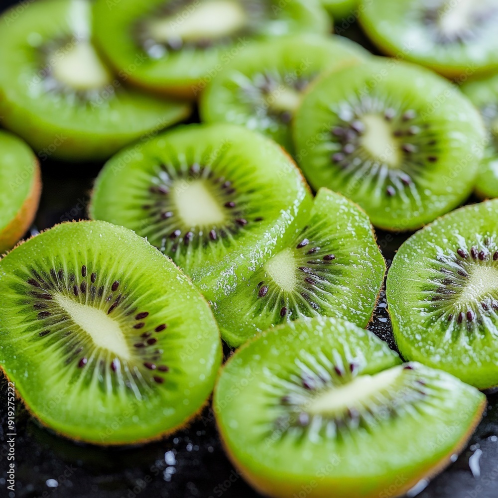 Close-up of fresh, vibrant kiwi slices, showcasing their bright green color and juicy texture, perfect for a healthy snack. Close-up of fresh, vibrant kiwi slices, showcasing their bright green color and juicy texture, perfect for a healthy snack.