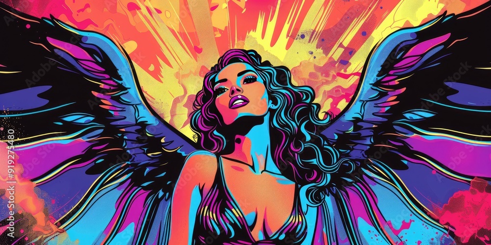 A woman with angel wings in a colorful, abstract style. A woman with angel wings in a colorful, abstract style.