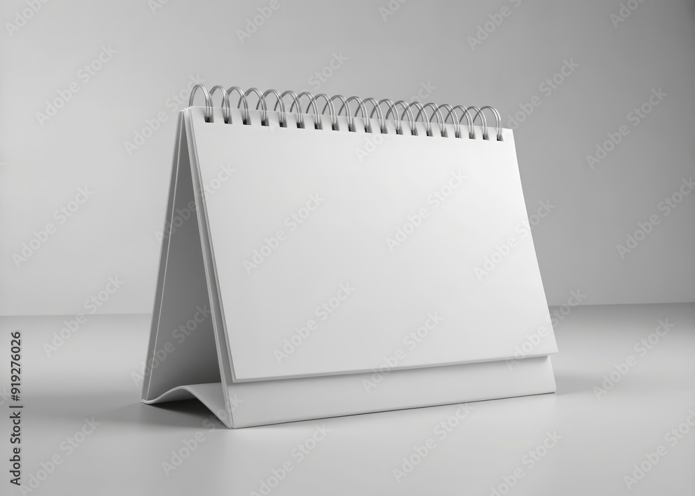 White desk calendar mockup with spiral binding stands upright on surface. Blank grid layout template advertising image. Scheduling, organizing daily tasks mock up product photorealistic