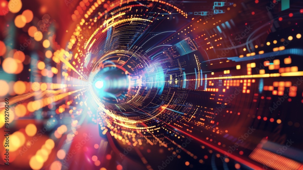 Abstract representation of photonics engineering with light wave patterns and digital designs, illustrating innovation in optical technology. Abstract representation of photonics engineering with light wave patterns and digital designs, illustrating innovation in optical technology.